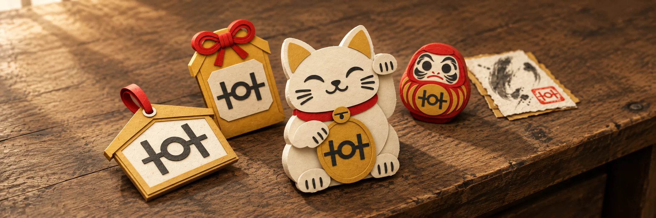 Five History Omakase paper-cut keepsakes arranged on an old Japanese writing desk